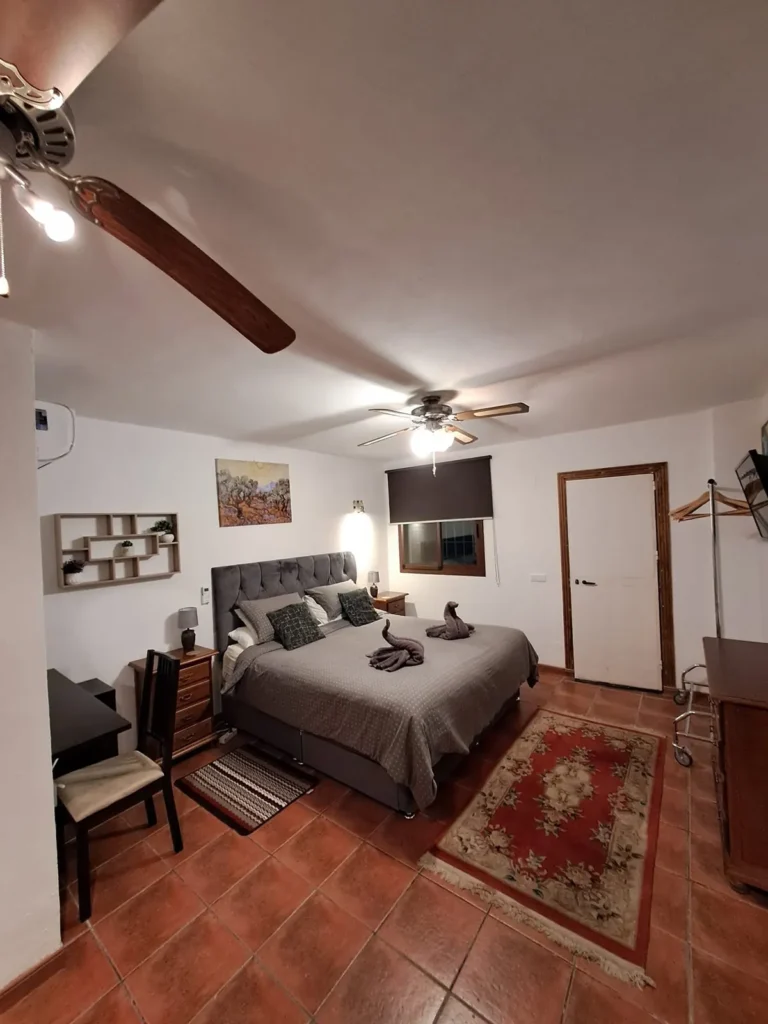 Studio bedroom with a double bed, ceiling fan and terracotta floor