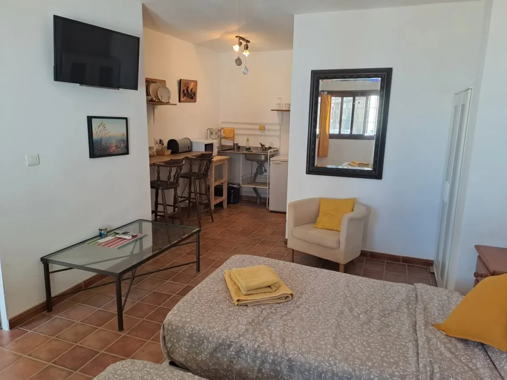 Bright studio with a kitchenette, a dining corner and an armchair