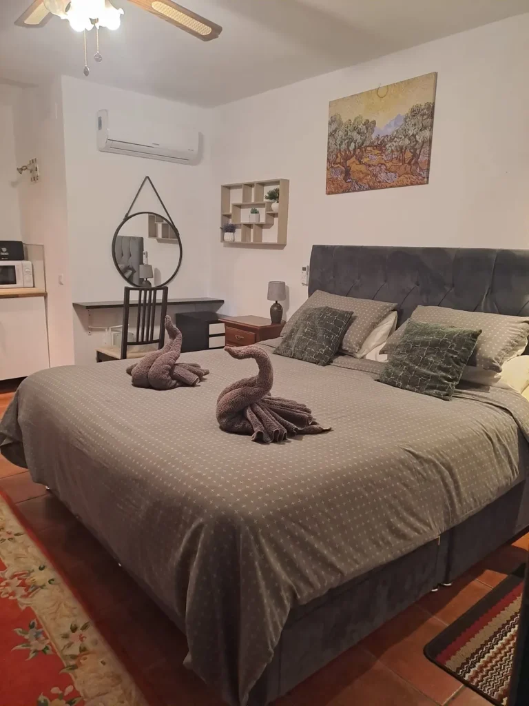 King-size bed with folded towel swans and air conditioning